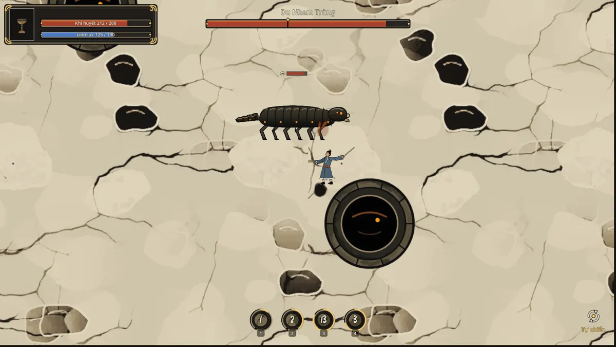 Top-down real-time combat in a secret realm: the player faces a giant centipede on a cracked stone floor.