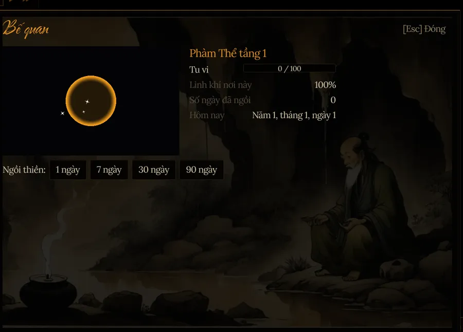Closed-door cultivation screen with a meditating figure in a dark cave and a glowing spirit core.