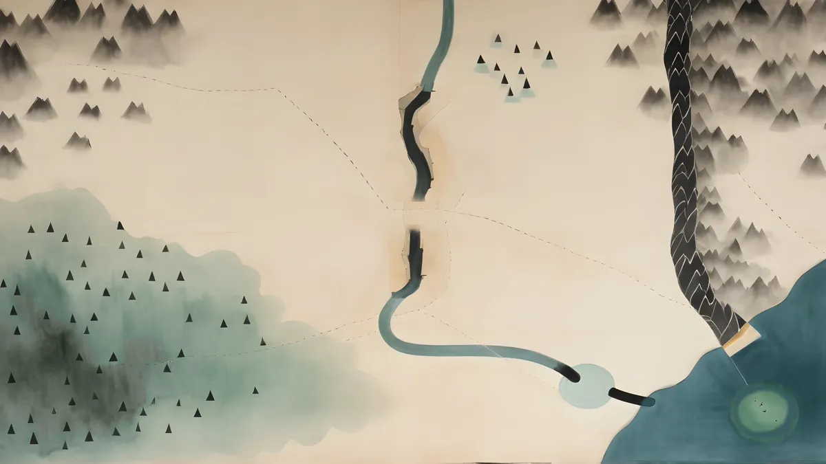 Hand-painted ink map of Thanh Khê, with mountains, forest, a river and the coast.